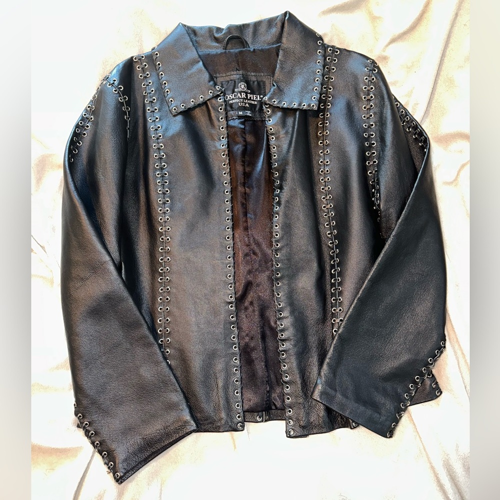 Oscar Piel women’s black studded leather jacket